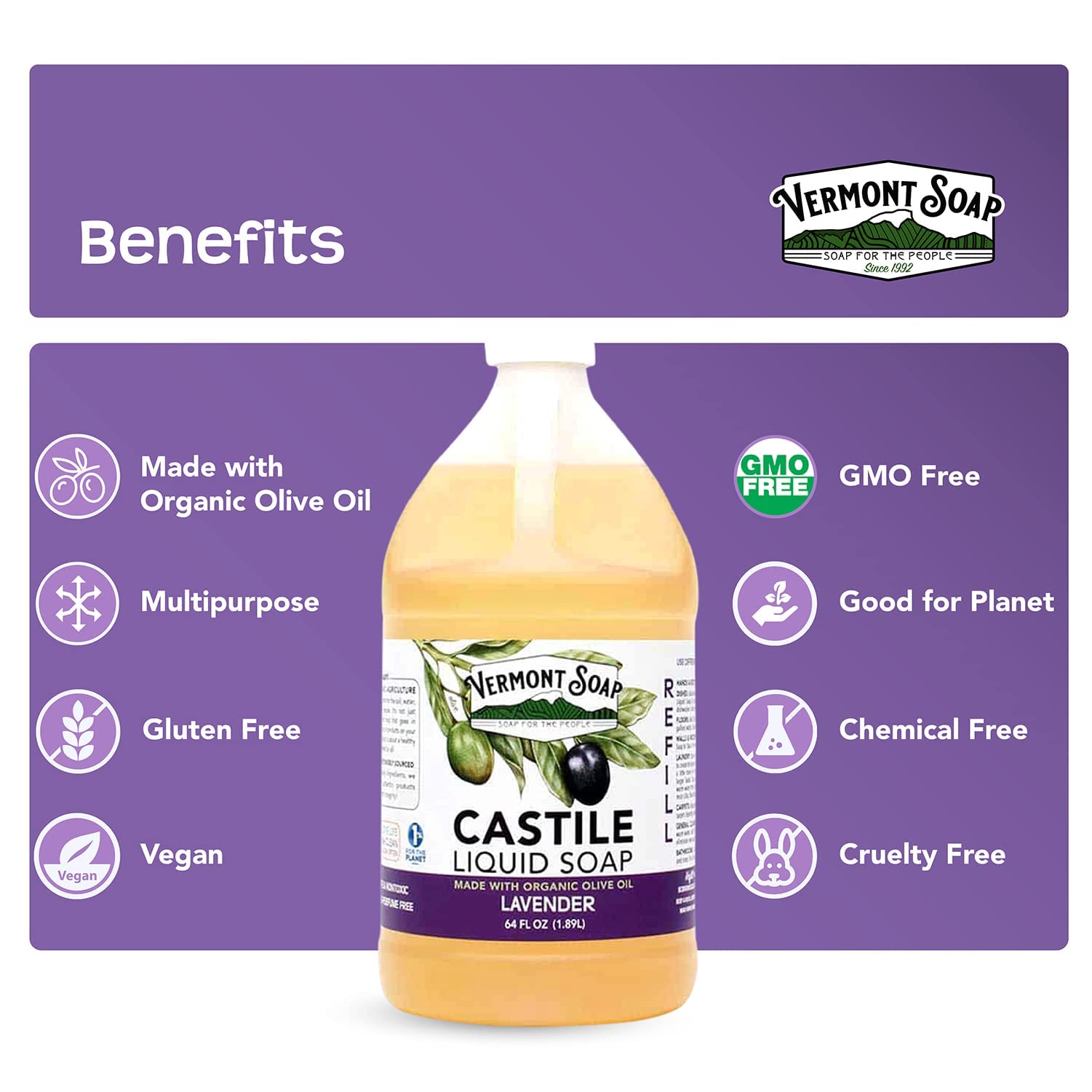 Vermont Castile Soap Lavender, Gentle Liquid Soap for Sensitive Skin & Natural Body Wash, Organic Hair Shampoo for Oily Hair, Aloe Castile Soap for Men & Women - 64 Oz