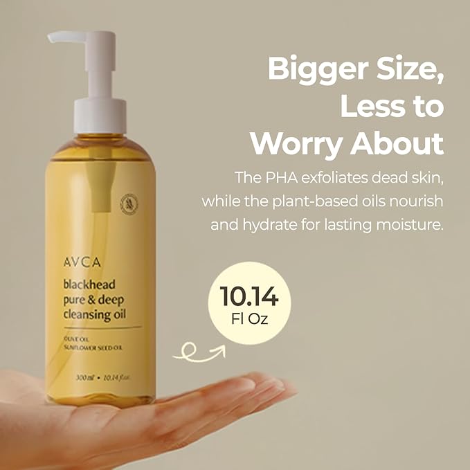 AVCA Jumbo Size Blackhead Remover Cleansing Oil 10.14 fl oz (300ml) – K-Beauty Pore Care Cleanser with PHA, Dissolves Makeup & Sebum, Gentle Exfoliating Oil Cleanser for Oily & Normal Skin