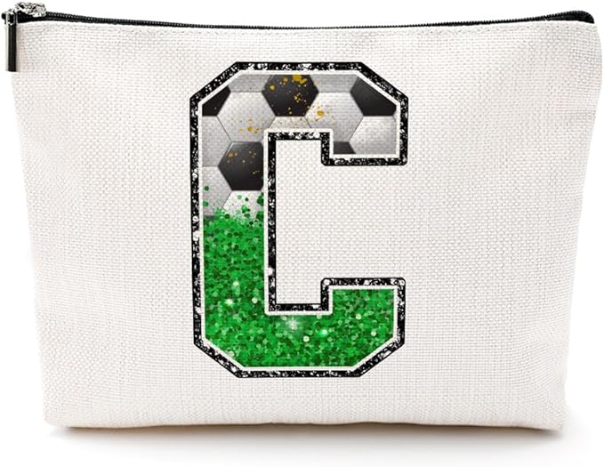 CQM Soccer Gifts Initial Makeup Bag Soccer Girl Gifts Cosmetic Bag Letter C