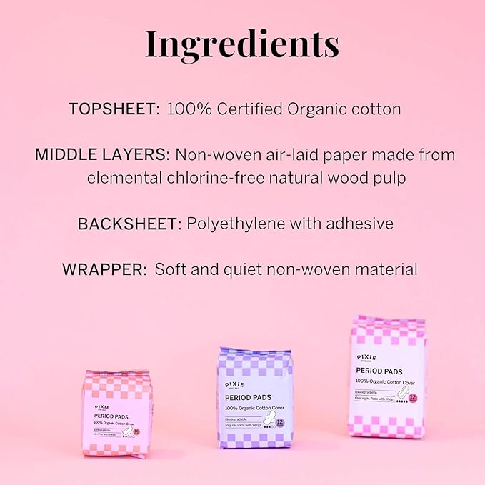 Pixie Organic Cotton Pads for Women - Ultra Thin with Wings, Leak-Proof & Moisture-Wicking for Feminine Care - Compostable, Unscented Menstrual Pads - Regular Absorbency - 12 Count