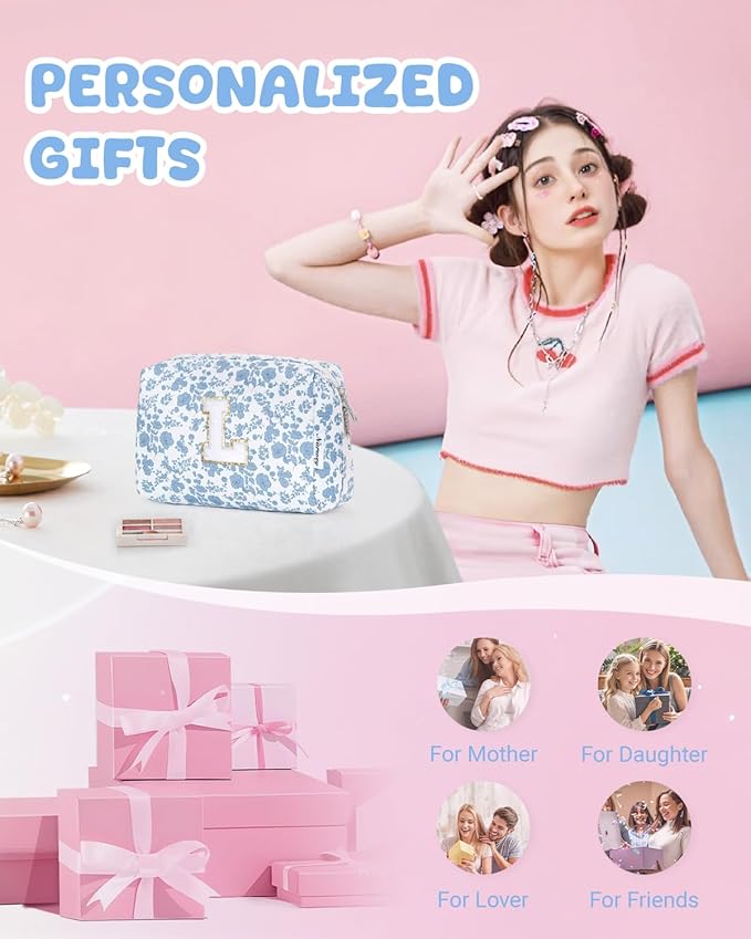 Narwey Birthday Gifts for Teen Girls Kids Women Personalized Initial Floral Makeup Bag Cute Cosmetic Trendy Stuff 6 8 10 11 12 13 14 16 18 Years Old Travel Toiletry Bag (Little Blue Flower L)