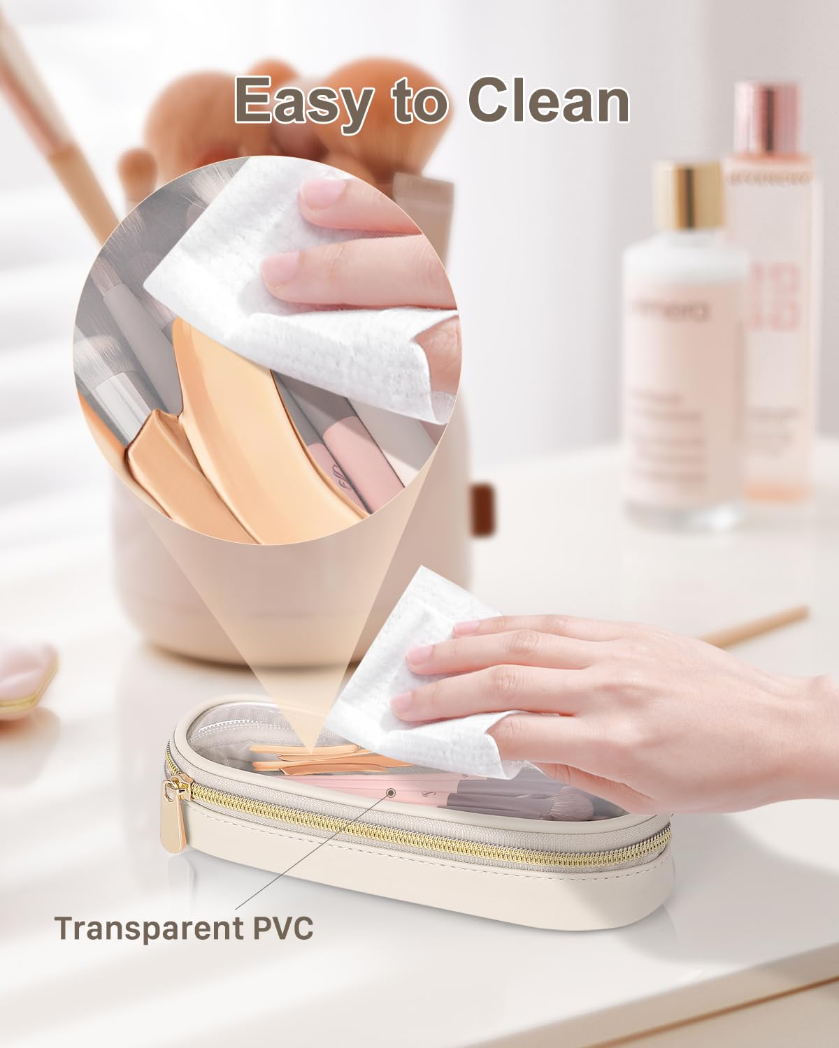 Soimeat Clear Travel Makeup Brush Holder, Leather Makeup Brush Toiletry Bag, Portable Cosmetic Brush Case, Transparent Waterproof Makeup Brush Storage Bag, White, Large