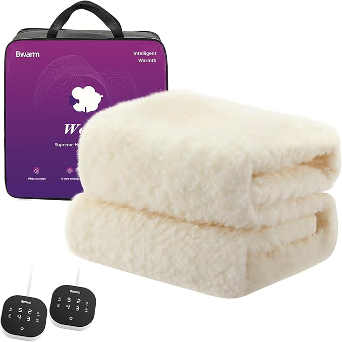 Bwarm Multi-Zone Heated Mattress Pad Queen Wool Electic Mattress Pad, Touchscreen Bed Warmer with 9 Heat Settings, 1-12 Hours Auto Off Memory Deep Pocket,Machine Wash White Queen 60" x 80"