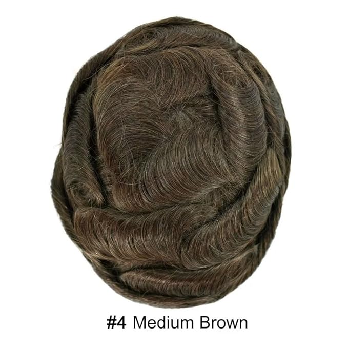 F M FACE MIRACLE NEW YORK French Lace Mens Toupee Hairpieces Soft Human Hair Replacement System Natural Hairline Toupee for Men Lace Center with Poly V-Looped Man hair Units 8"X10" 4# MEDIUM BROWN