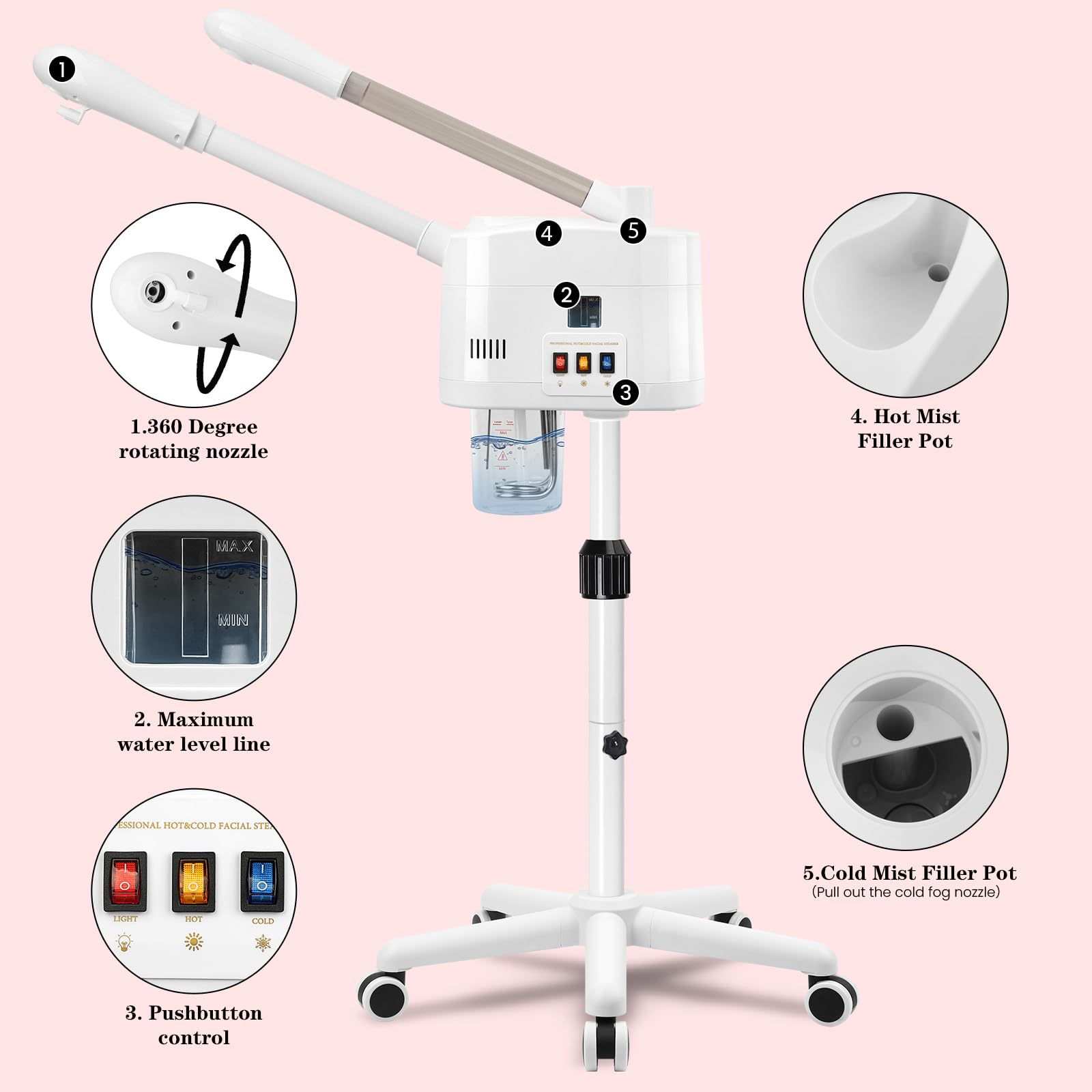 2 in 1 Hot & Cold Mist Facial Steamer, Professional Face Steamer on Wheels for Beauty Salon, Spa and Home Use