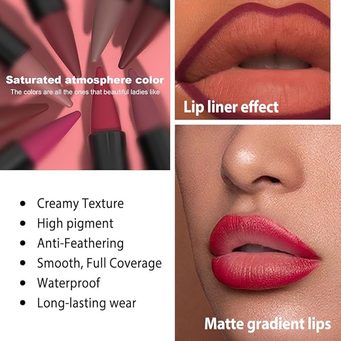 evpct Maroon Red Gradient Matte Lipstick Lip Liner Combo Set for Older Women Long Lasting Waterproof, Maroon Lips Stick Crayon Pencil Cream Lip Liner and Lipstick Combo Makeup, Flawless Ombre Effect