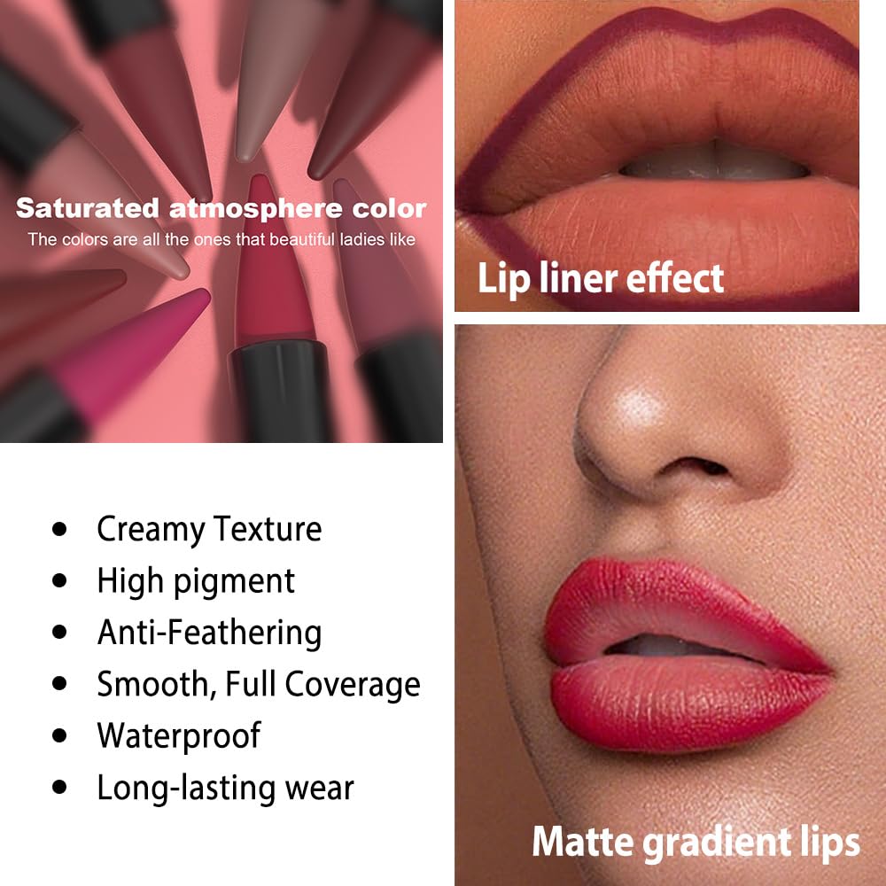 Plum Red Gradient Matte Lipstick Crayon Lip Liner pencil,Crayon Form and Cone Tip 2-in-1 Lip Liner and Lipstick Lip Combo Set Achieve Flawless Contour Gradual Ombre Effect lip Pencil for Old Women
