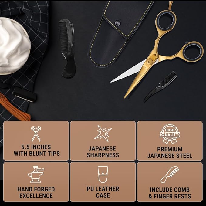 Ontaki Beard & Mustache Scissors & Combs - 5.5" Japanese Steel, Gold Brass