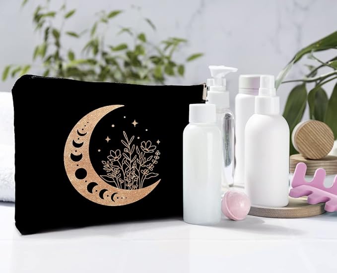 Dwept Boho Floral Celestial Crescent Moon Phase Makeup Bag, Mystical Crescent Moon Linen Makeup Travel Toiletry Bag, Abstract Floral Moon Cosmetic Bag Gifts For Girls Women Daughter Sister