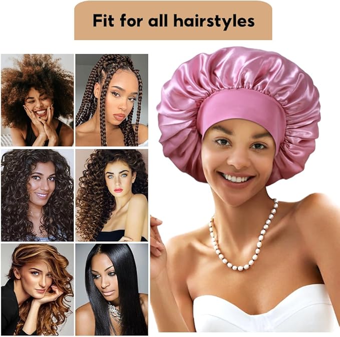 3+3 Large Satin Bonnets with Scrunchies for Women, Wide Band Hair Bonnet for Sleeping Braids Curly Hair, B