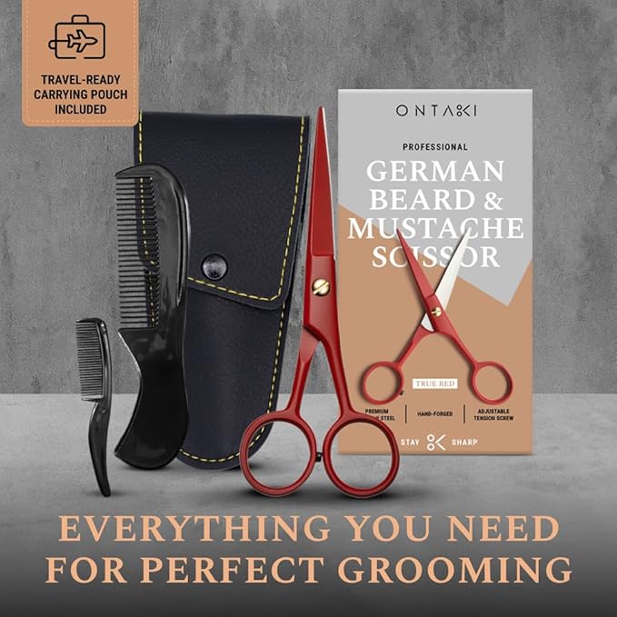 Ontaki 5" Beard & Mustache Scissor with Combs for Men - True Red