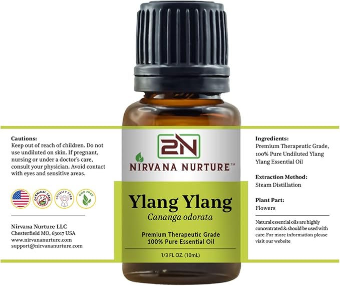 Nirvana Nurture Ylang Ylang Essential Oil, USDA Certified Organic, 100% Pure Undiluted, Aromatherapy Oil for Diffuser, Hair & Skin Care