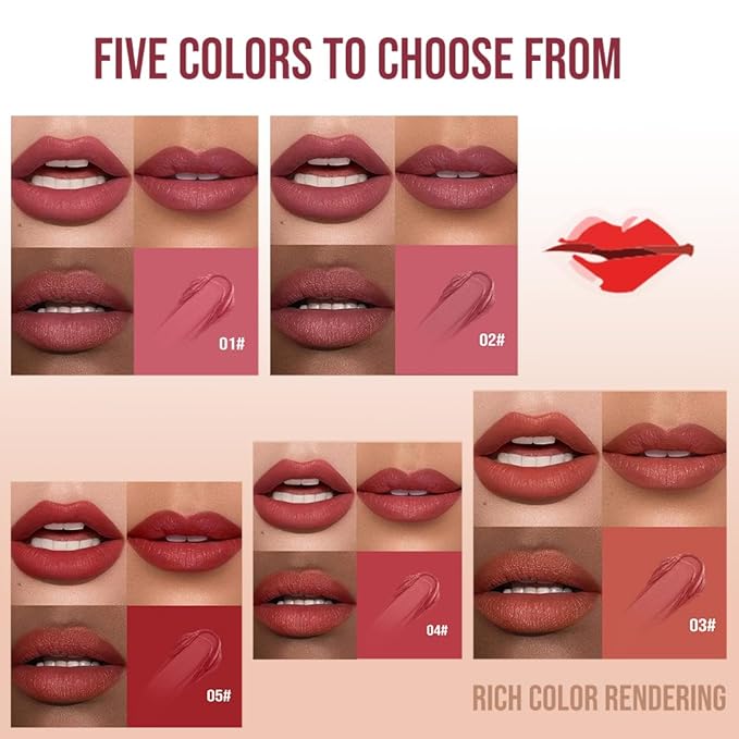 Hxssll Matte Lip Stain – High Pigment Non-Transfer Matte Liquid Lipstick, Long-Lasting Waterproof Smudge-Proof Lip Color, Lightweight Comfortable Velvet Finish Lip Tint 02#（5PCS）