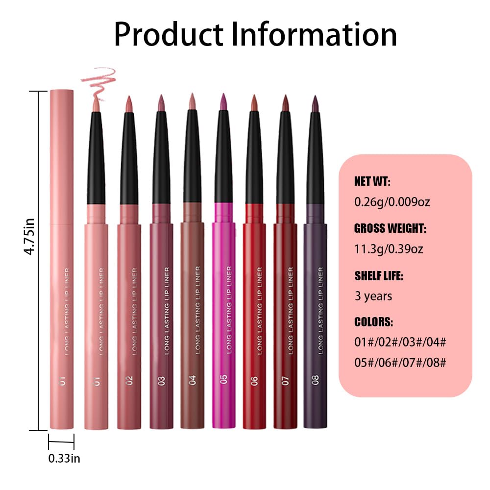 QIDSTERS 8Pcs Gel Lip Liner Pencil Set for Women, Matte Long Lasting LipLiner Lipstick 24 Hour, High Pigmented Lips Makeup Retractable Liners Waterproof Smudge Proof, Vegan & Cruelty-Free
