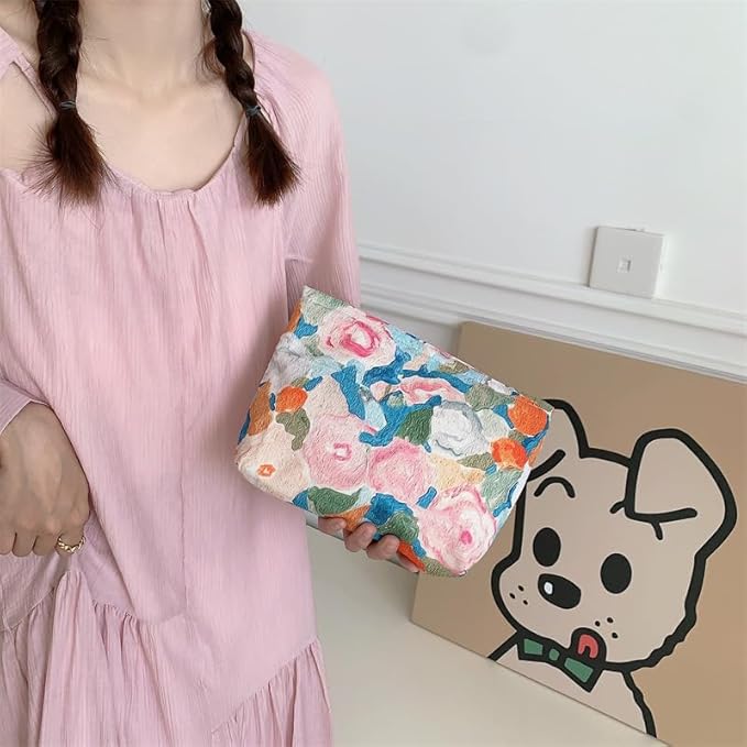 Flat Makeup Bag for Women,Zipper Cosmetic Pouch for Purse,Garden Orange
