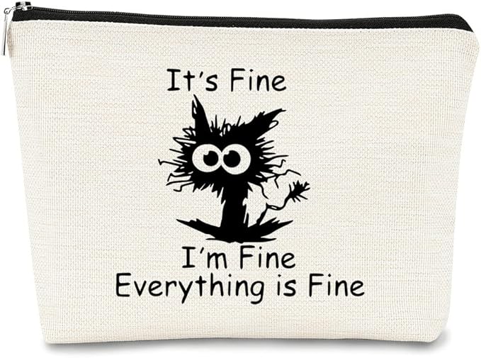 BARPERY Cat Makeup bag It's Fine Everything is Fine Inspirational Funny Cat Kitten,Cosmetic Bag Zipper Travel Toiletry Bag Best Gift Idea for Cat Lovers Teen Girls,Cat Owners Gifts,Birthday Gift