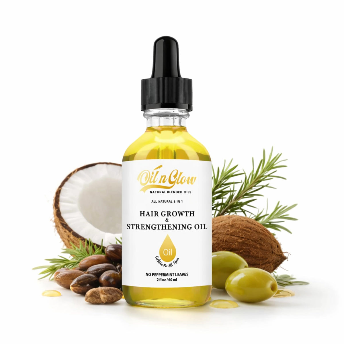 OilnGlow 8 in 1 Natural Hair Growth & Strengthening Oil with Rosemary, Castor, Vegan Jojoba, Coconut, Grape Seed, Ginger & Scalp DHT Blocker Peppermint Oil -2 FL