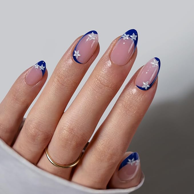 BTArtbox Press On Nails, Blue Blossom, Short Almond, French Tips, 32Ct