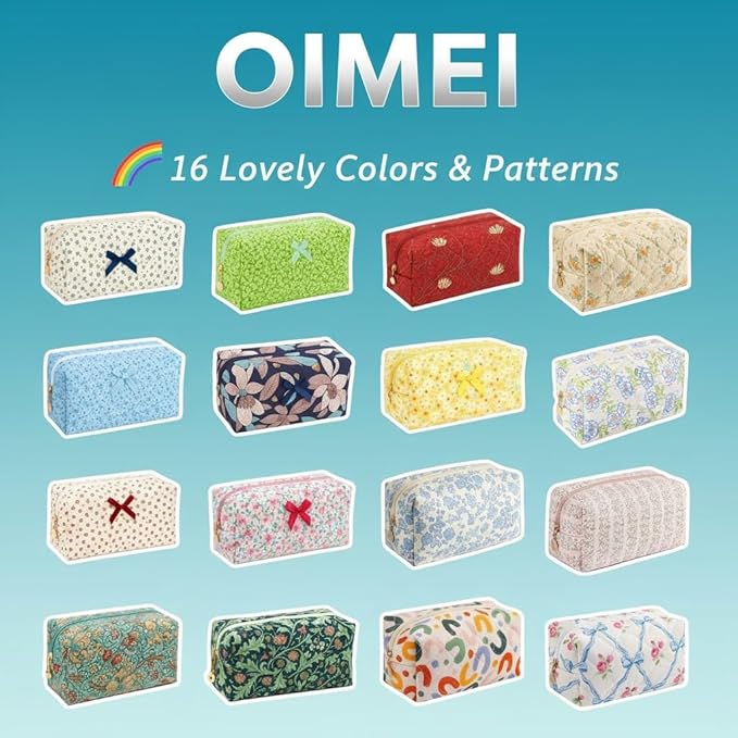 OIMEI Floral Quilted Cotton Makeup Bag for Women, Large Capacity Travel Cosmetic Pouch with Zipper, Cute Toiletry & Brush Organizer, Kawaii Makeup Storage Case – Blue Flowers