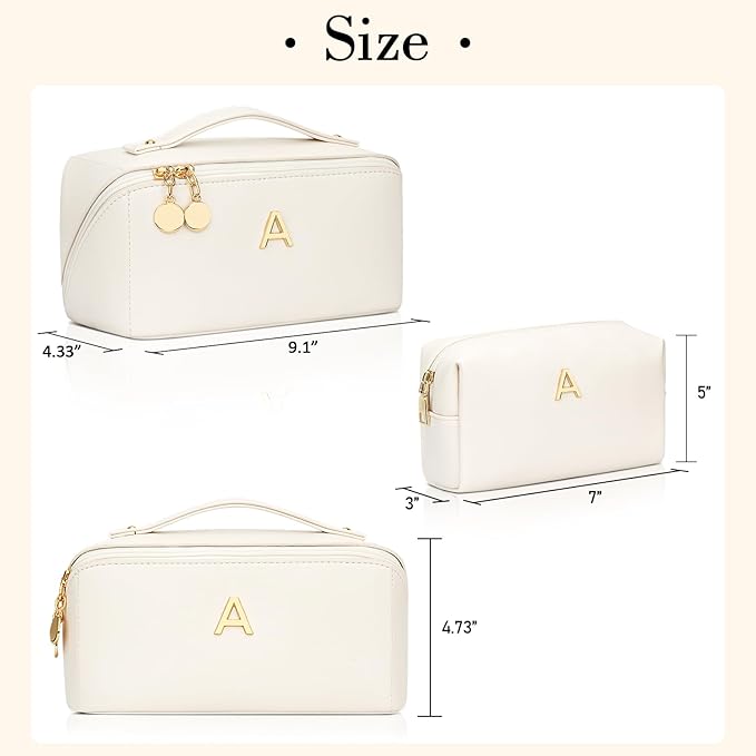 Birthday Gifts for Women Teen Girl, Personalized Initial Makeup Organizer Bag Set, Open Flat Travel Cosmetic Bag With Clear Divider and Handle(Beige,A)