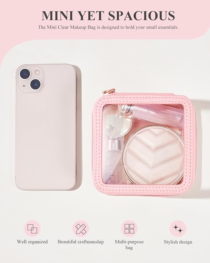 Camdeez Rownyeon Clear Cosmetic Bag Mini Makeup Bag Cute Clear Make Up Organizer Case Travel Toiletry Bag Small Pouches for Women with Zipper (Pink, Mini)