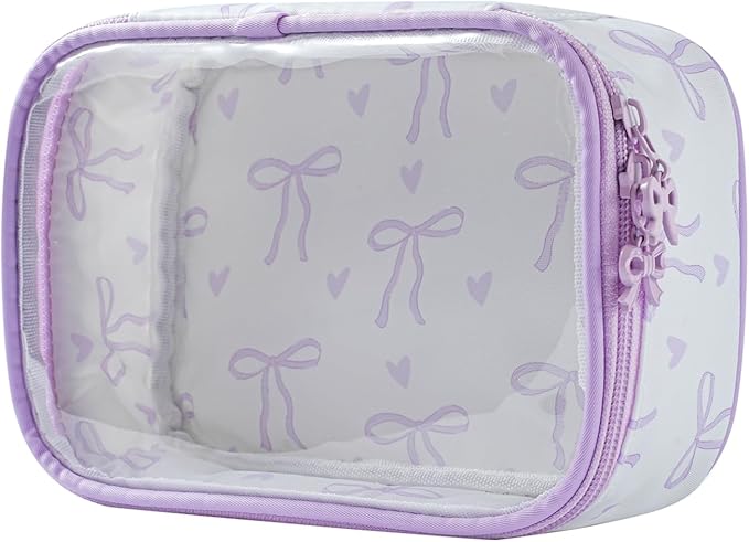 RSRSLEII Cute Clear Makeup Bag with Bow Pattern,Transparent Nylon Travel Cosmetic Case with Zipper,Portable Makeup Organizer Pouch for Essentials(03Purple)