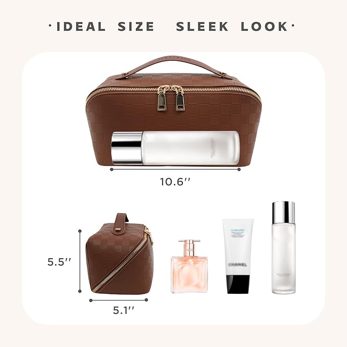JINYIBAGS Travel Makeup Bag – Large Cosmetic Organizer with Waterproof PU Leather, Smooth Double Zipper & Tear-Resistant Lining, Toiletry Pouch for Women (Brown)