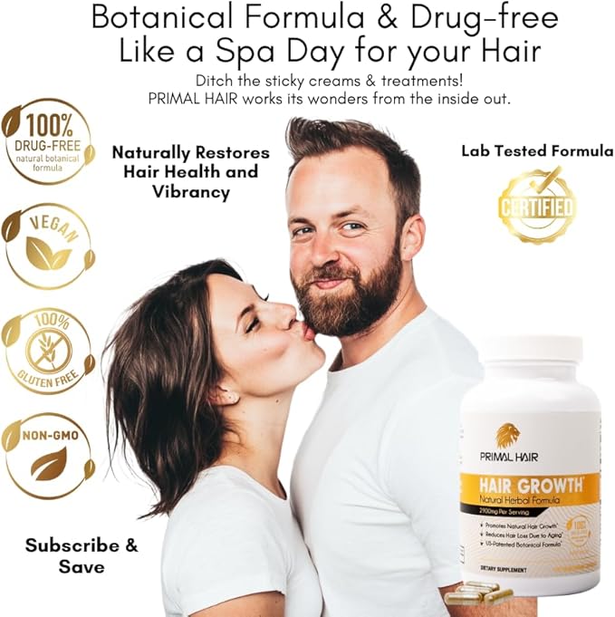 Primal Hair Natural Hair Growth Supplement for Men & Women - US Patented Botanical Formula for Thicker Fuller Hair - Anti-Hair Loss & Scalp Wellness - 100% Vegan, Non-GMO - 120ct (30-Day Supply)