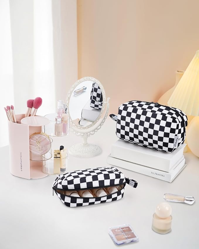 Narwey Checkered Makeup Bag, Travel Cosmetic Bag Organizer, Toiletry Bag Make Up Bags with Organized Pockets for Women (Black Checkerboard, Large)