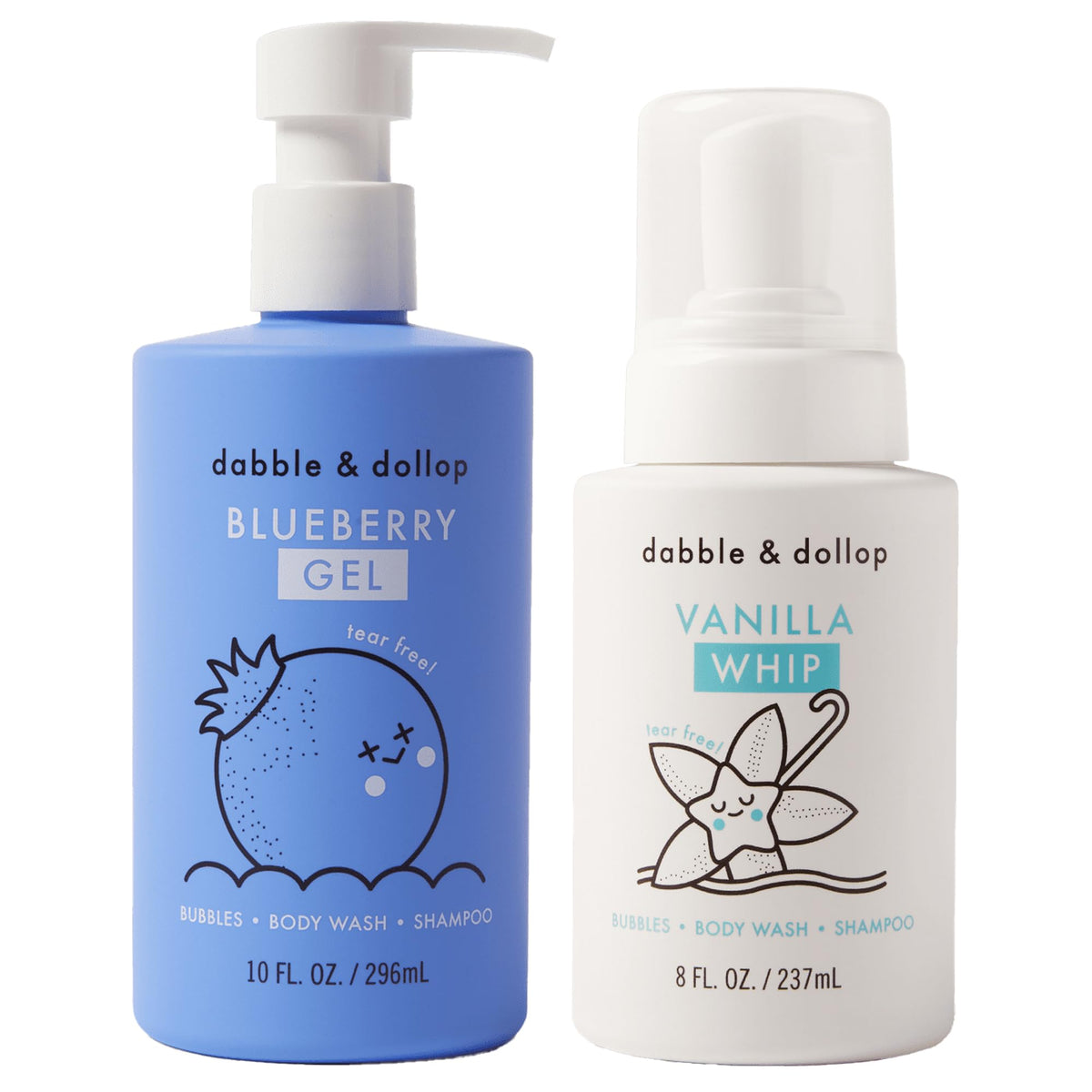 Dabble & Dollop Duos: Blueberry Parfait - Kids 3-in-1 Shampoo, Body Wash & Bubble Bath Bundle - Gel + Foam Whip Set (Pack of 2)
