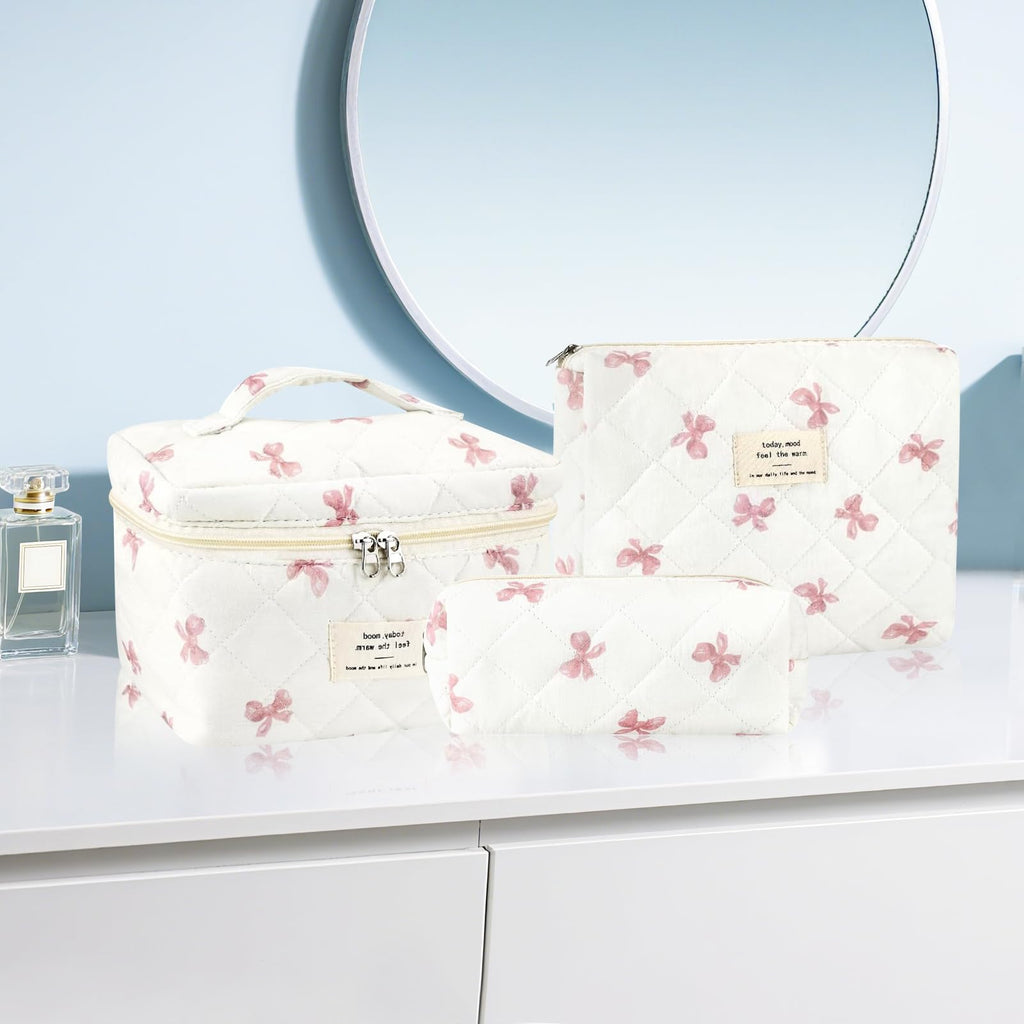 URSKYTOUS 3Pcs Cotton Quilted Makeup Bag for Women Extra Large Coquette Small Floral Travel Cosmetic Bag Set Aesthetic Cute Bow Makeup Pouch Portable Toiletry Bag Puffy Essential Storage Organizer