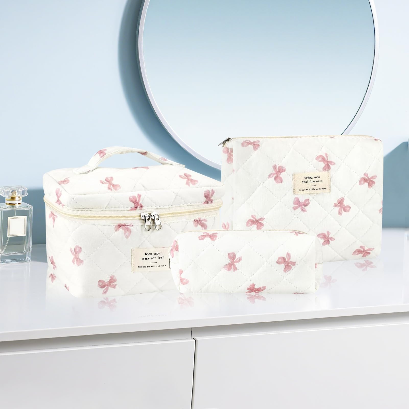 URSKYTOUS 3Pcs Cotton Quilted Makeup Bag for Women Extra Large Coquette Small Floral Travel Cosmetic Bag Set Aesthetic Cute Bow Makeup Pouch Portable Toiletry Bag Puffy Essential Storage Organizer
