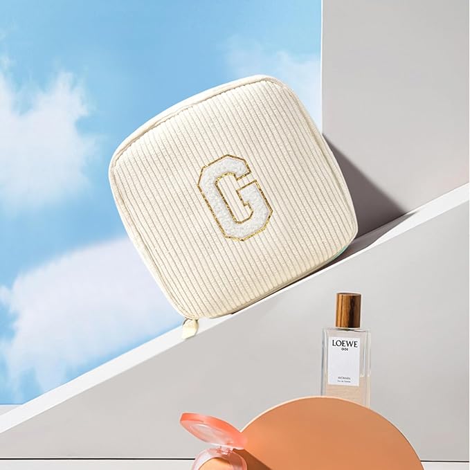 Cute Makeup Bag for Women - Monogram Personalized Initial Makeup Bags Cosmetic Pouch Make Up Case for Women Her Best Friend Friendship Sister Teacher, Easter Gifts for Girls (Letter G, Beige)