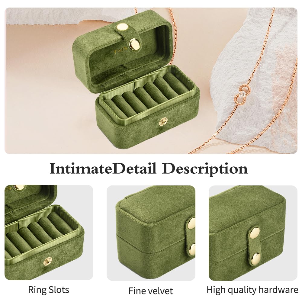 TAIMY Travel Jewelry Case, Portable Pocket Size Small Plush Velvet Ring Box for Women, Mini Ring Holder and Organizer with 7 slots for purse(Avocado Green)