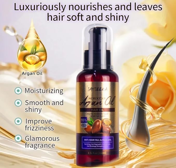 JAYSEEKA Moroccan Argan Oil Hair Treatment, Organic Moisturizing Oil for All Hair Types, Anti-Hair Fall and Renewal Formula, 3.51 fl oz