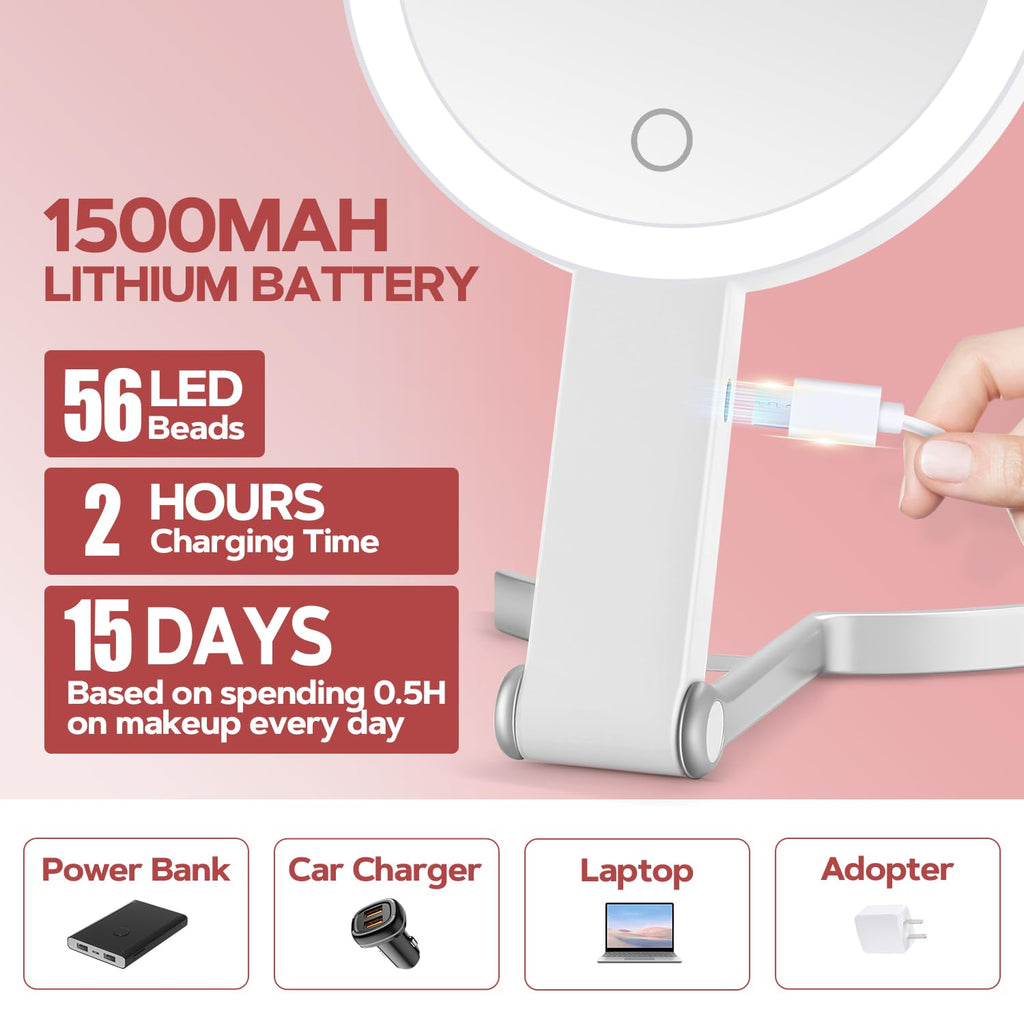 MIYADIVA 30X Magnifying Makeup Mirror with Light, Double-Sided 1X/30X Travel Makeup Mirror, 56 LED Lights, 3 Color Modes, Dimmable, USB-C Rechargeable, Portable Foldable Vanity Mirror for Women