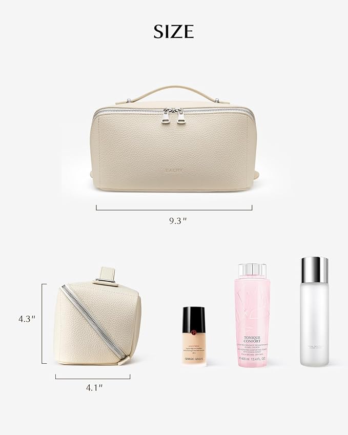 EACHY Travel Makeup Bag, Lychee Leather Large Capacity Cosmetic Bag for Women, Open Flat Toiletry Bag with TPU Brush Compartment, Waterproof Skincare Organizer Travel Essentials