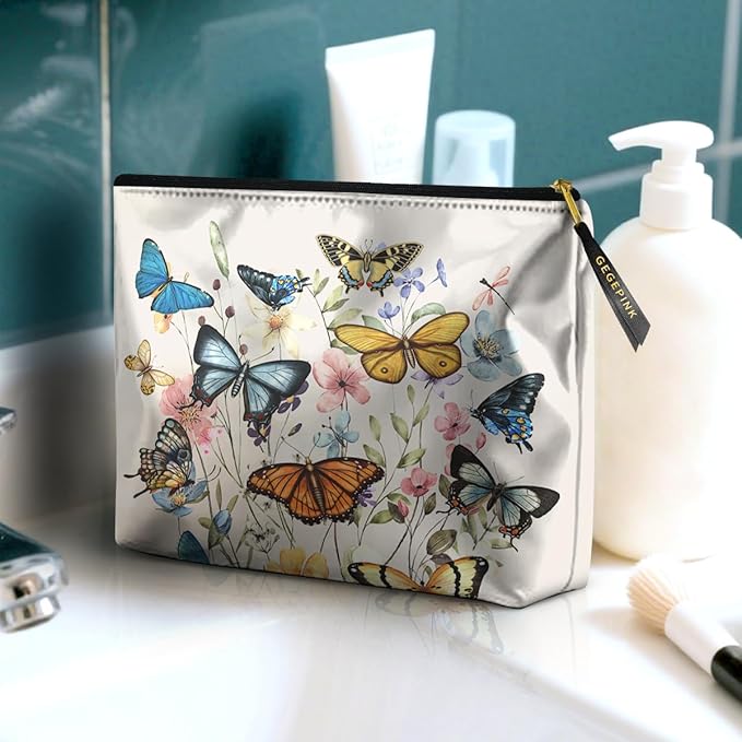 GEGEPINK Cute Makeup Bag for Purse Waterproof Cosmetic Bags for Women Funny Smooth Zipper Travel Toiletry Pouch 10X8 Inches-Butterfly Wildflower Makeup pouch