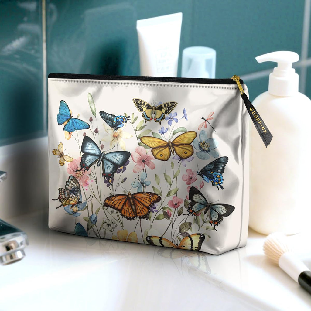 GEGEPINK Cute Makeup Bag for Purse Waterproof Cosmetic Bags for Women Funny Smooth Zipper Travel Toiletry Pouch 10X8 Inches-Butterfly Wildflower Makeup pouch