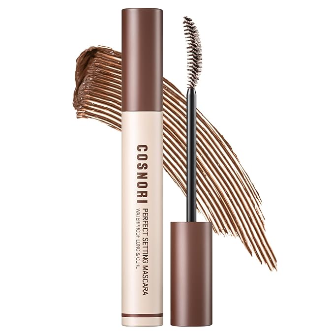 COSNORI Perfect Setting Waterproof Mascara Long&Curl 02 Cozy Brown – Natural Defined Lashes with Long-Lasting Curl Hold, Brown Mascara, Soft Definition for Blue & Green Eyes, 0.23fl oz