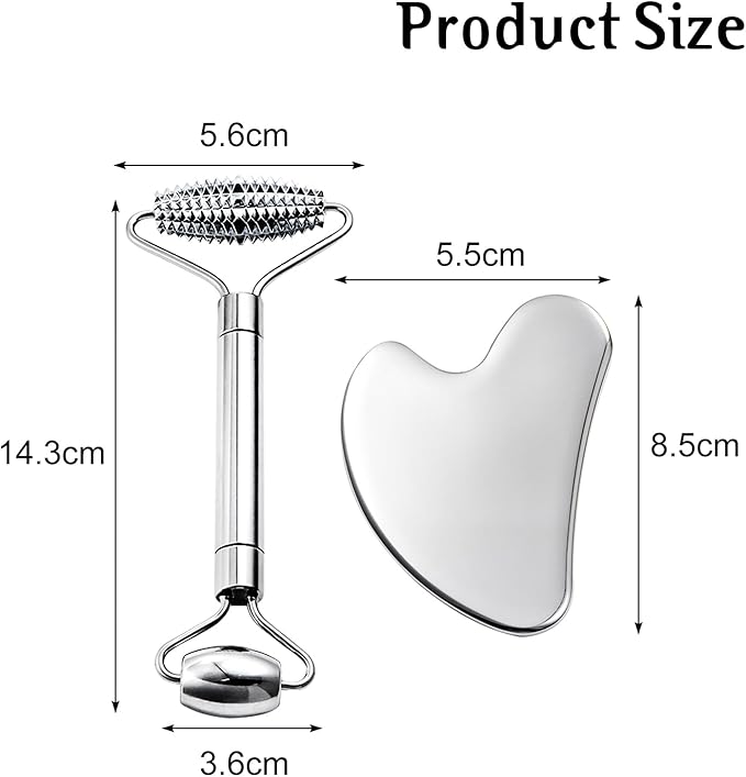 erdnretl Gua Sha Facial Tools and Face Roller Set, Stainless Steel Facial Sculpting Eyes Roller Guasha for Face, Chin & Jawline Sculpting,Skin Care (Silver)