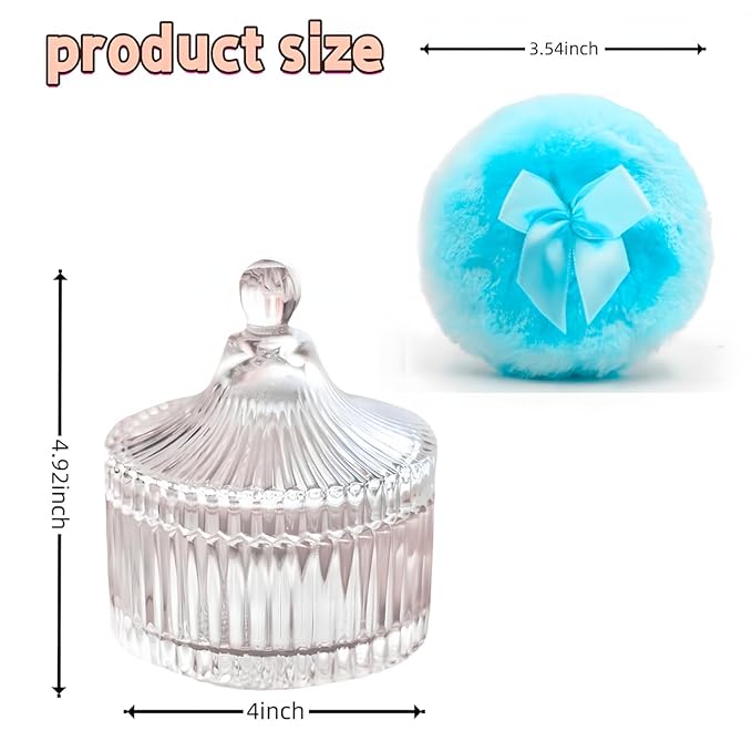 2 Pcs Large Body Powder Puff and Container Powder Container with Puff Powder Puff Crystal Soft Washable Reusable Velour Face Body Glitter Powder Puff Wet Dry Makeup (Blue)