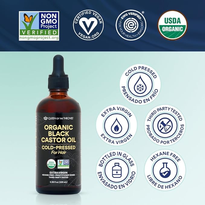 QUEEN OF THE THRONES® Organic Black Castor Oil - 100mL with Dropper| 100% Pure, Certified Organic, Hexane-Free, Extra Virgin | Moisturizing & Conditioning Oil for Skin, Hair & Nails