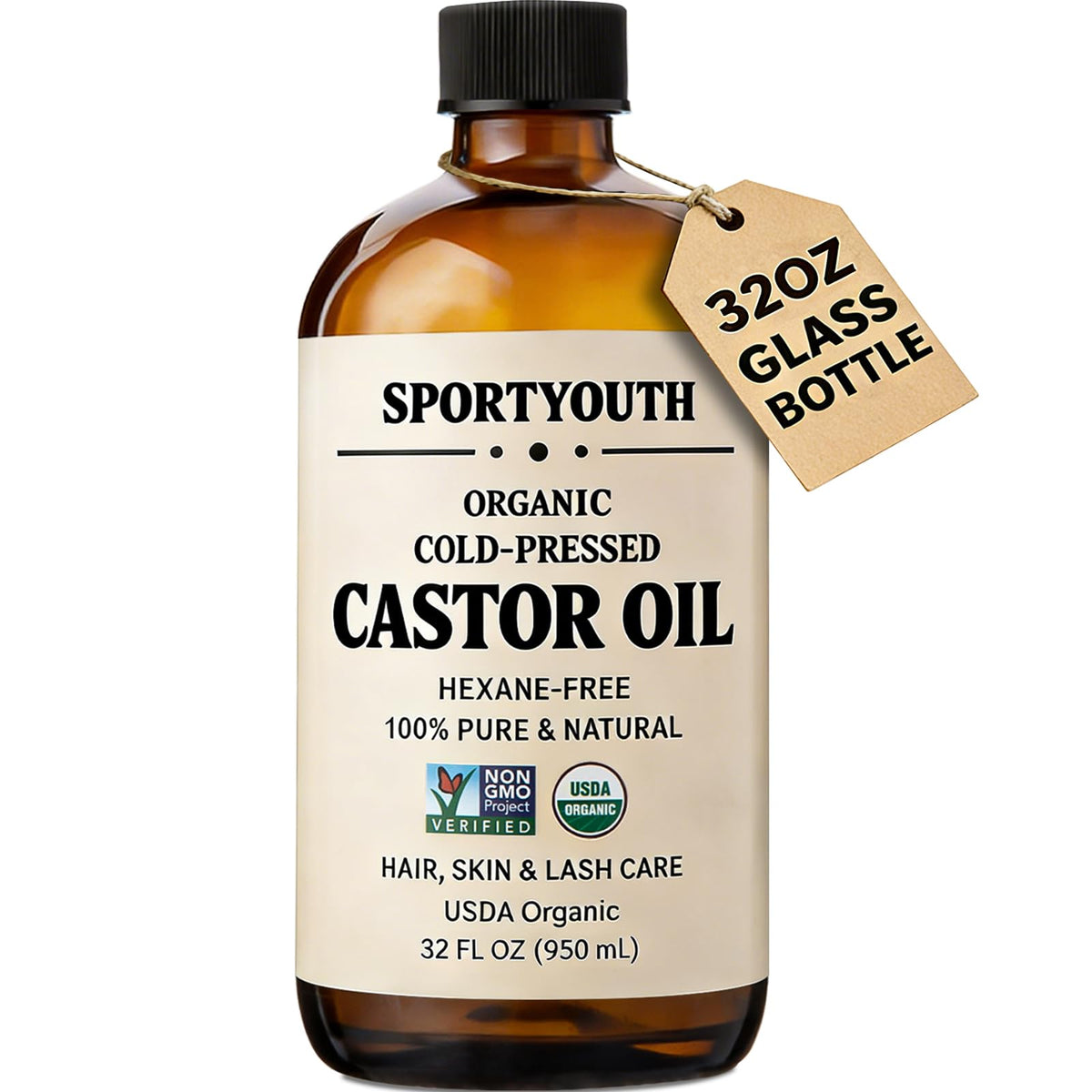 SPORTYOUTH Organic Castor Oil Cold Pressed 32oz Glass Bottle Big Volume