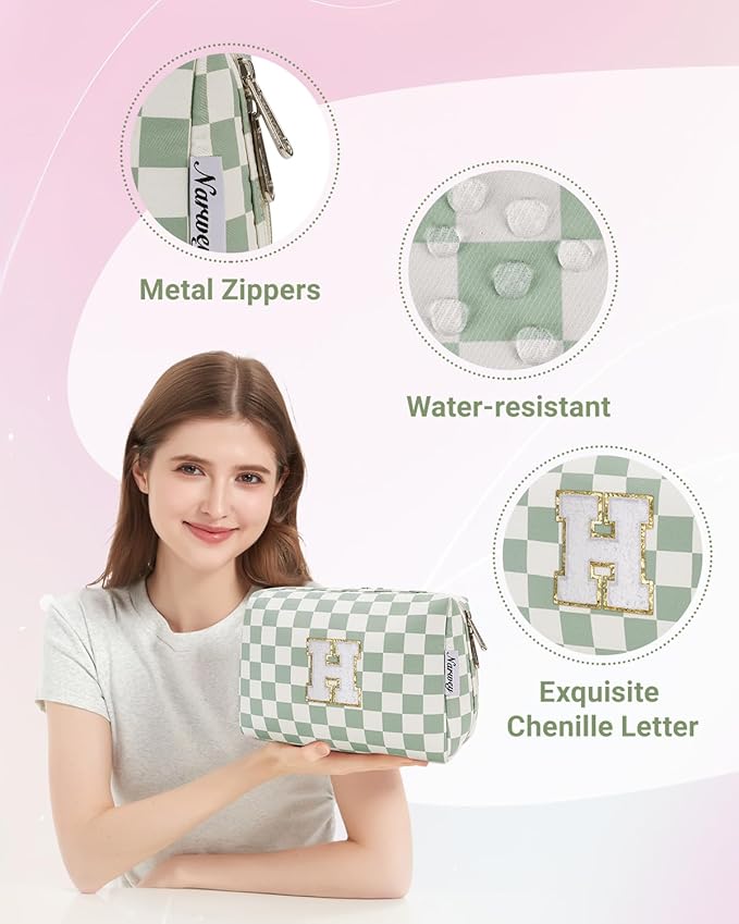 Narwey Birthday Gifts for Teen Girls Women Personalized Initial Checkered Makeup Bag Preppy Cosmetic Bag Trendy Stuff 6 8 10 11 12 13 14 16 18 Years Old Travel Toiletry Bag (Green Letter H)