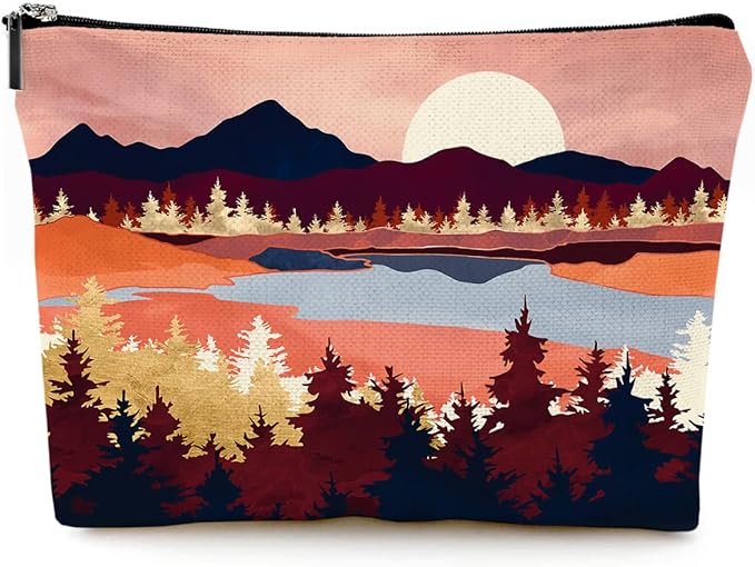 Givotin Cute Makeup Bag for Purse Canvas Waterproof Funny Cosmetic Bags for Women Zipper Travel Toiletry Pouch-Mountain Makeup Bags-Red