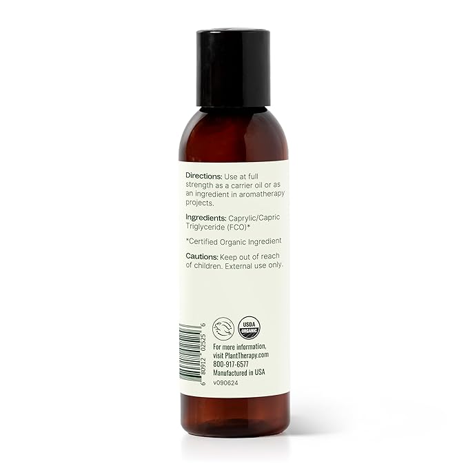 Plant Therapy Organic Fractionated Coconut Oil 4 oz, 100% Pure, USDA Certified, Liquid Coconut Oil for Essential Oils, Body Care, Massage, and Aromatherapy