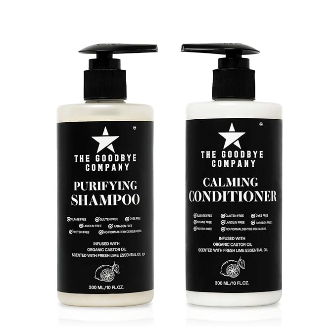 The Goodbye Company Castor Oil Shampoo Conditioner Duo, Gentle Cleansing and Lightweight Hydration, Aloe Vera Shea Botanicals, Sulfate Free Paraben Free Protein Free, 10 oz Each, Made in USA