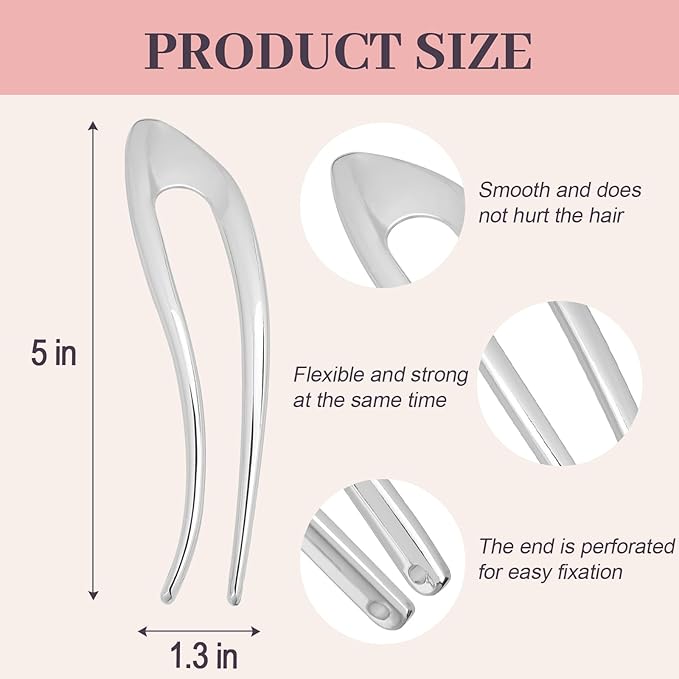 JIRIS 2PCS 5Inch French Hair Pins Large U-Shaped Pins for Women and Girls Fashion Metal Hair Pin French Twist Hair Pins for Buns, Updos,Stylish and Functional(set6-silver)