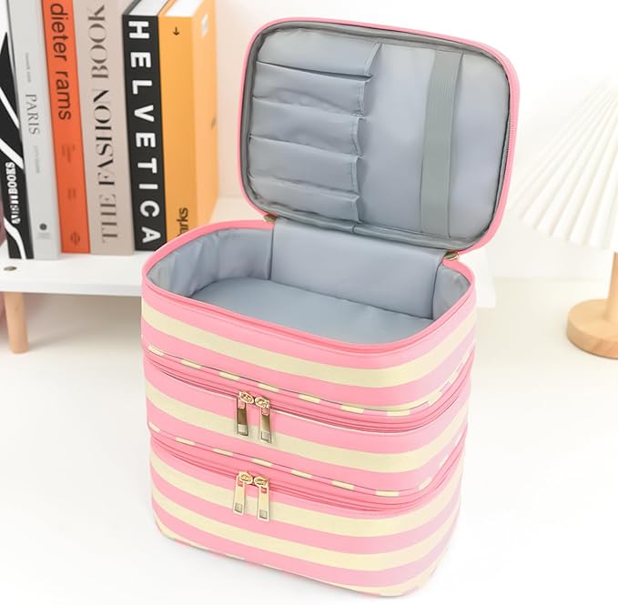 Apxouans Three Layer Makeup Bag for Women Fashion Stripes Cosmetic Bag Preppy Style Travel Water-Resistant Toiletry Bag for Storage Toiletries Cosmetics Sets for Women Teen Girls Pink